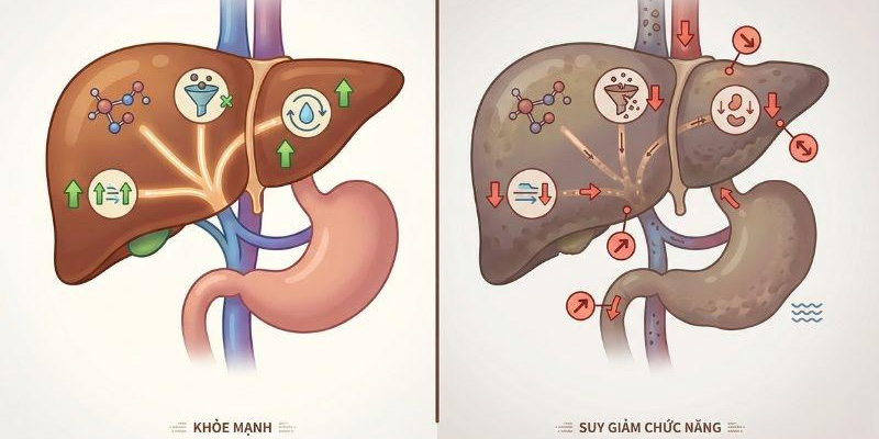 Suy giảm chức năng gan là hậu quả của quá trình tổn thương gan lâu dài trong đa số các trường hợp mà không phải là xảy ra đột ngột